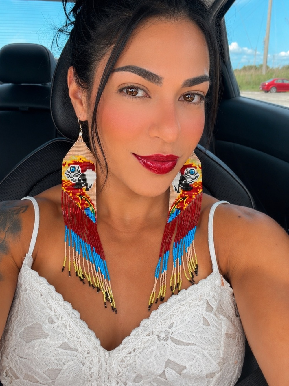 Handmade Colorful Parrot Beaded Fringe Earrings - Red & Blue